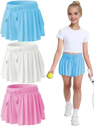 MODERN ASIR 3 Pack Girls Flowy Shorts with Spandex Liner 2-in-1 Youth Butterfly Skirts for Fitness, Running, Sports
