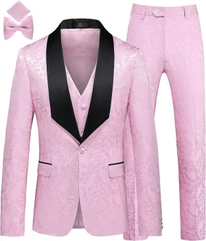 MOGU Mens 3 Piece Tuxedo Slim Fit Jacquard Floral Vintage Groomsmen Wedding Prom Suit