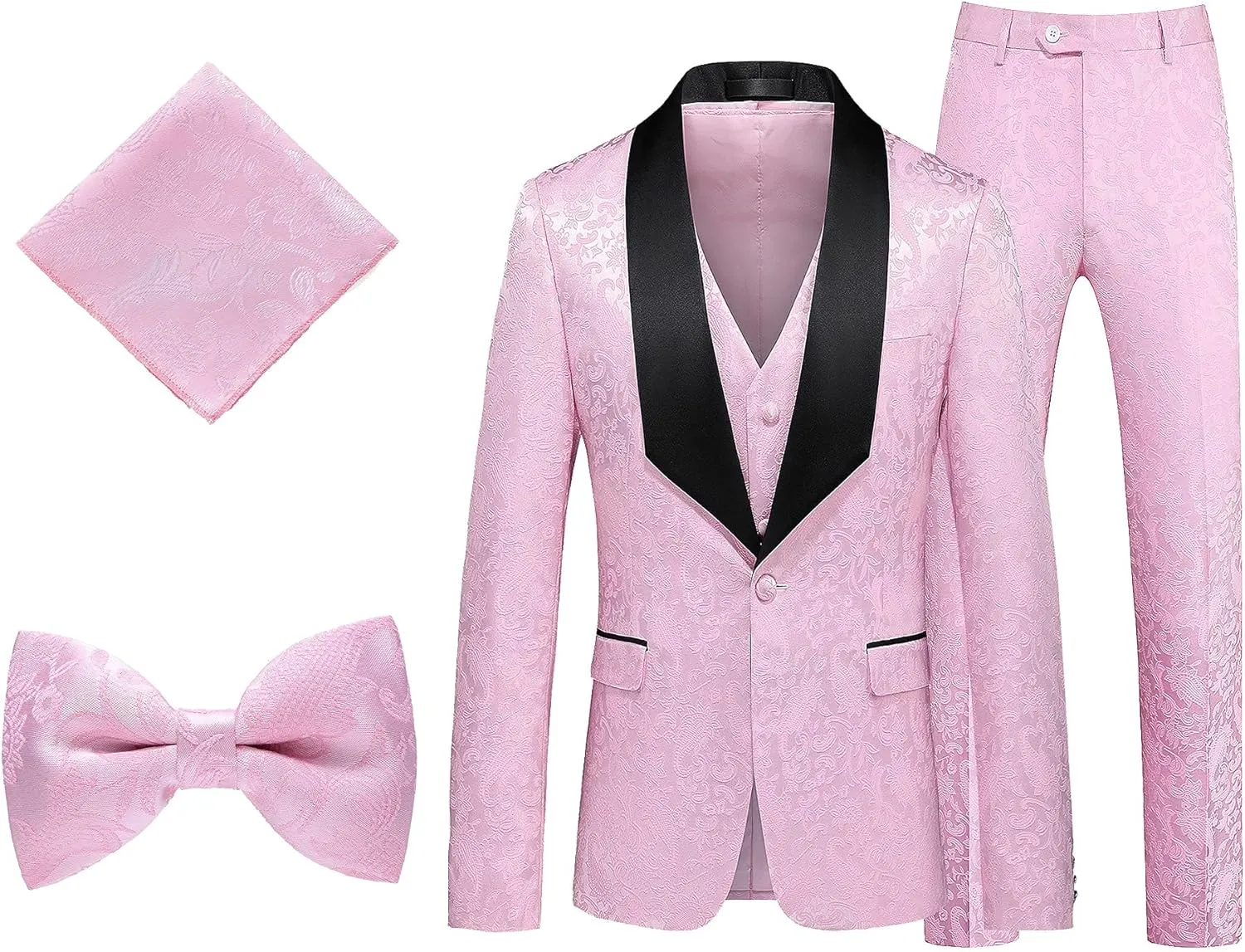 MOGU Mens 3 Piece Tuxedo Slim Fit Jacquard Floral Vintage Groomsmen Wedding Prom Suit