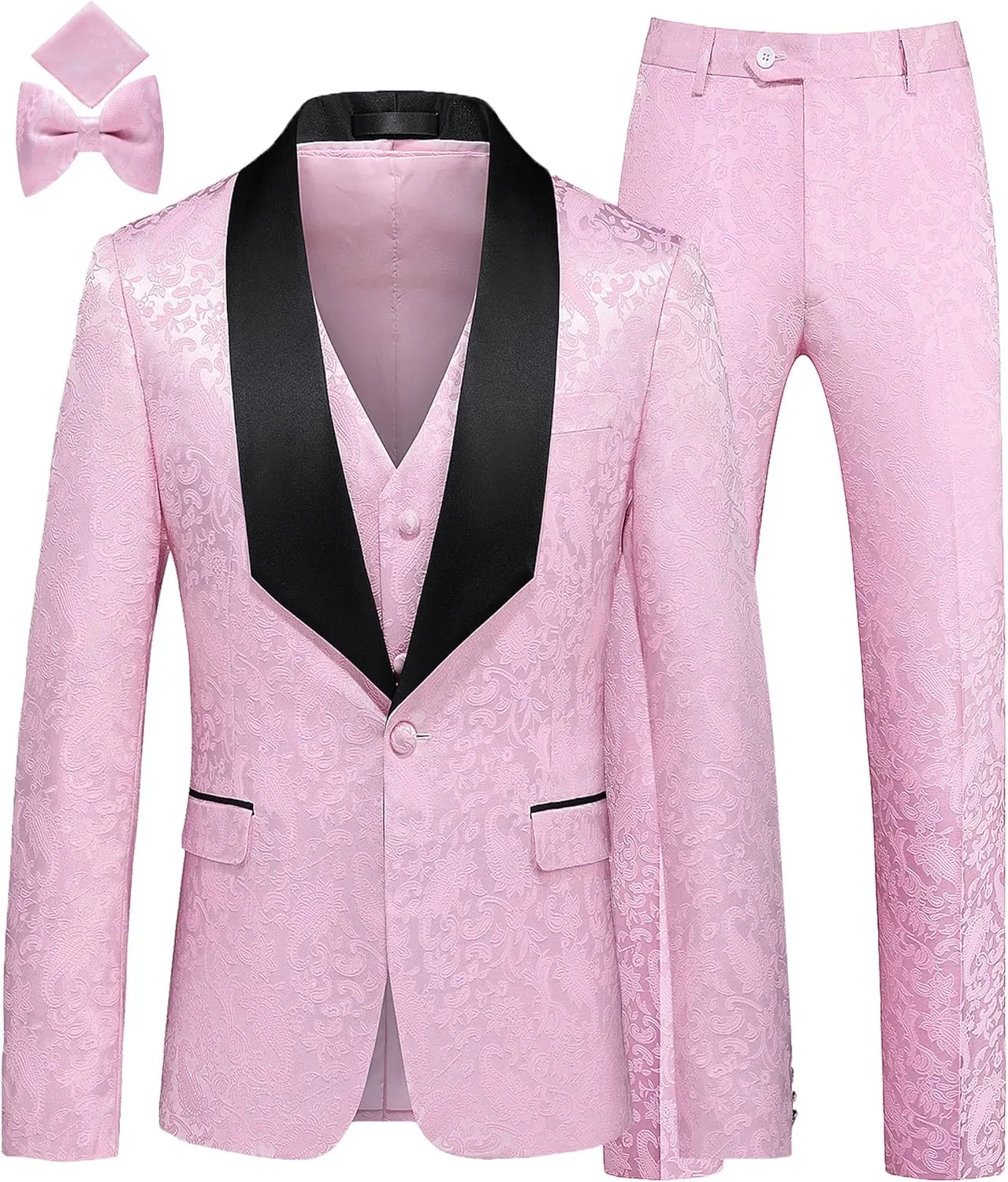 MOGU Mens 3 Piece Tuxedo Slim Fit Jacquard Floral Vintage Groomsmen Wedding Prom Suit