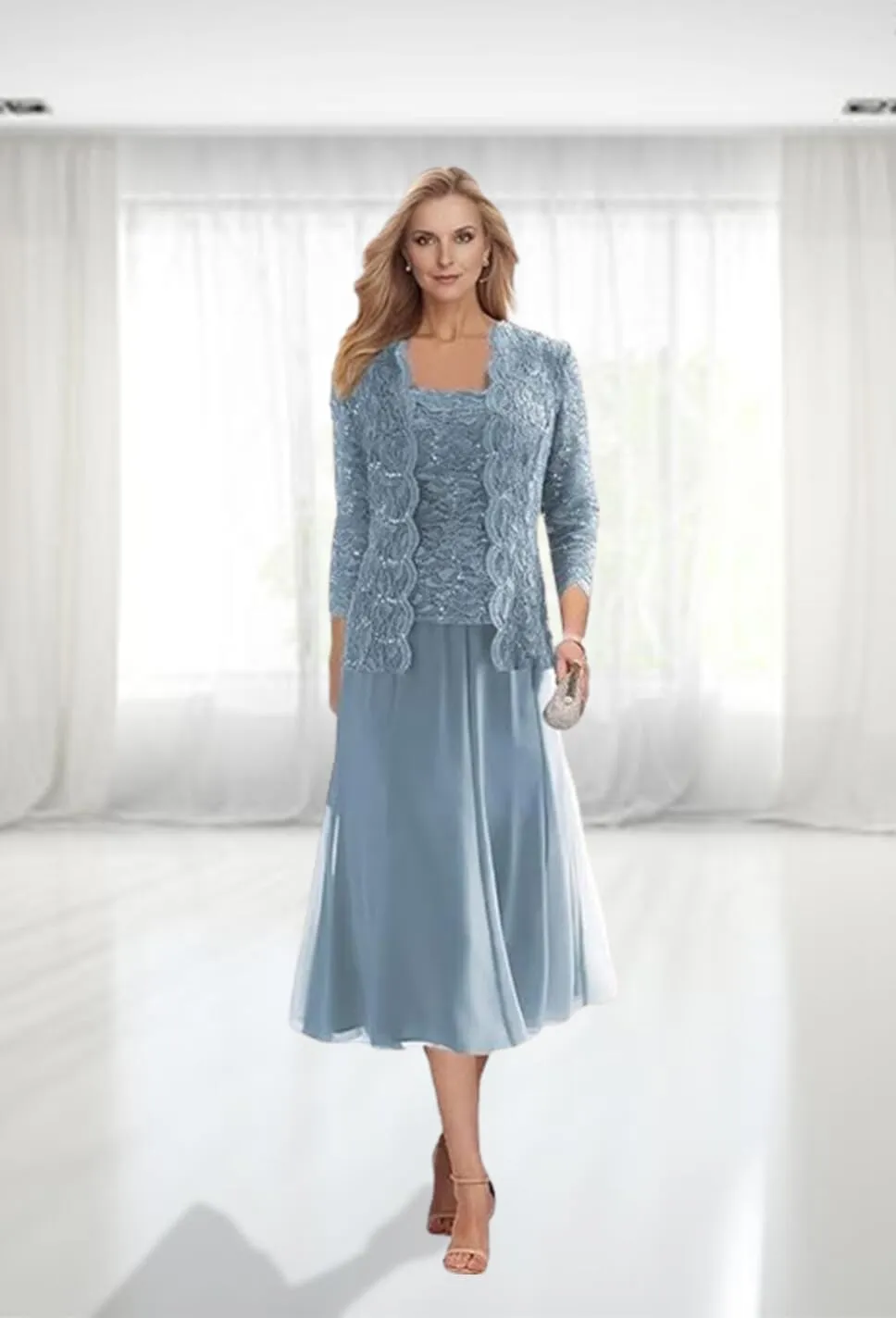 Mother of The Bride Dresses with Jacket Chiffon Tea Length Wedding Guest Dresses for Women Lace Formal Evening Dress