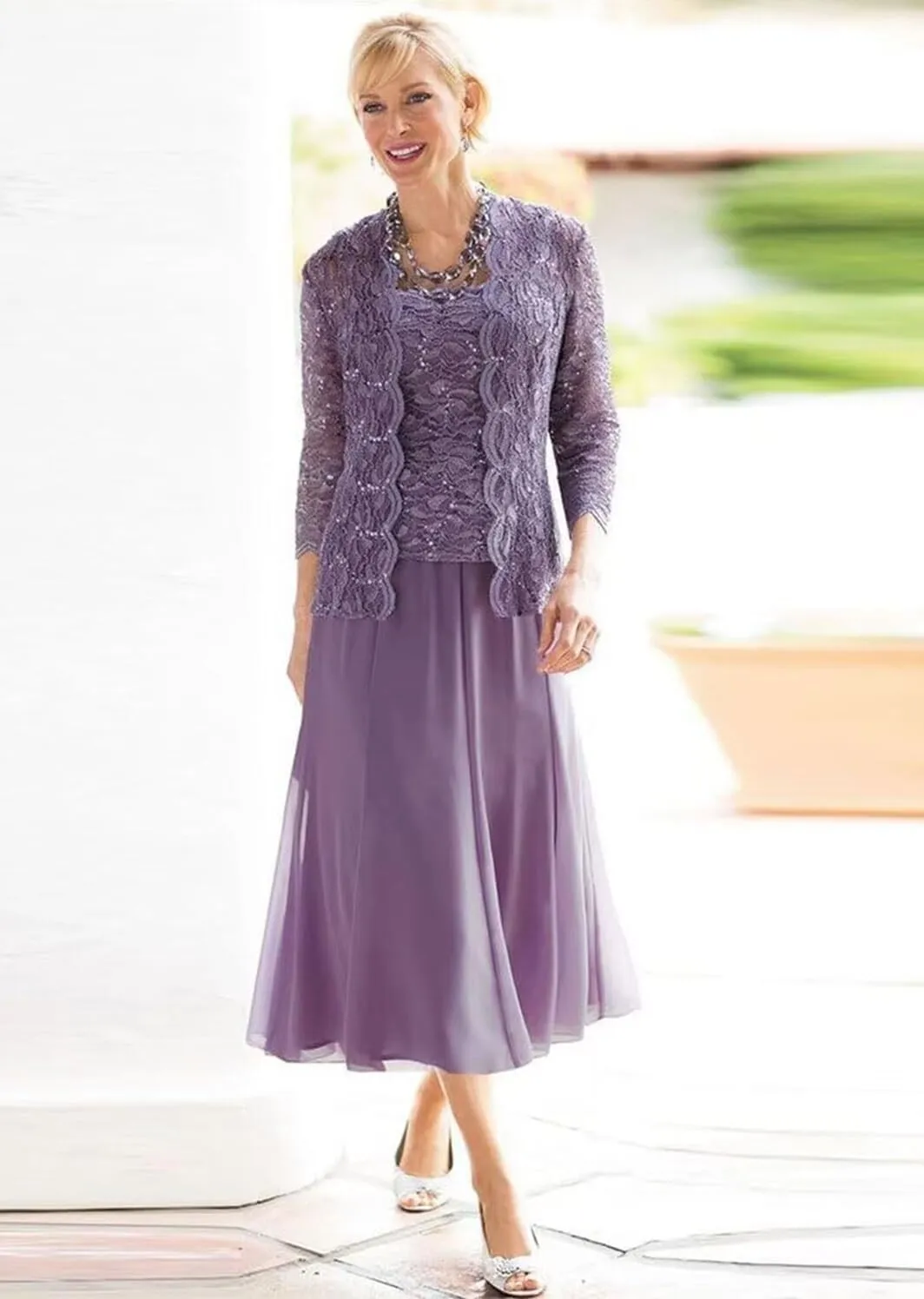 Mother of The Bride Dresses with Jacket Chiffon Tea Length Wedding Guest Dresses for Women Lace Formal Evening Dress