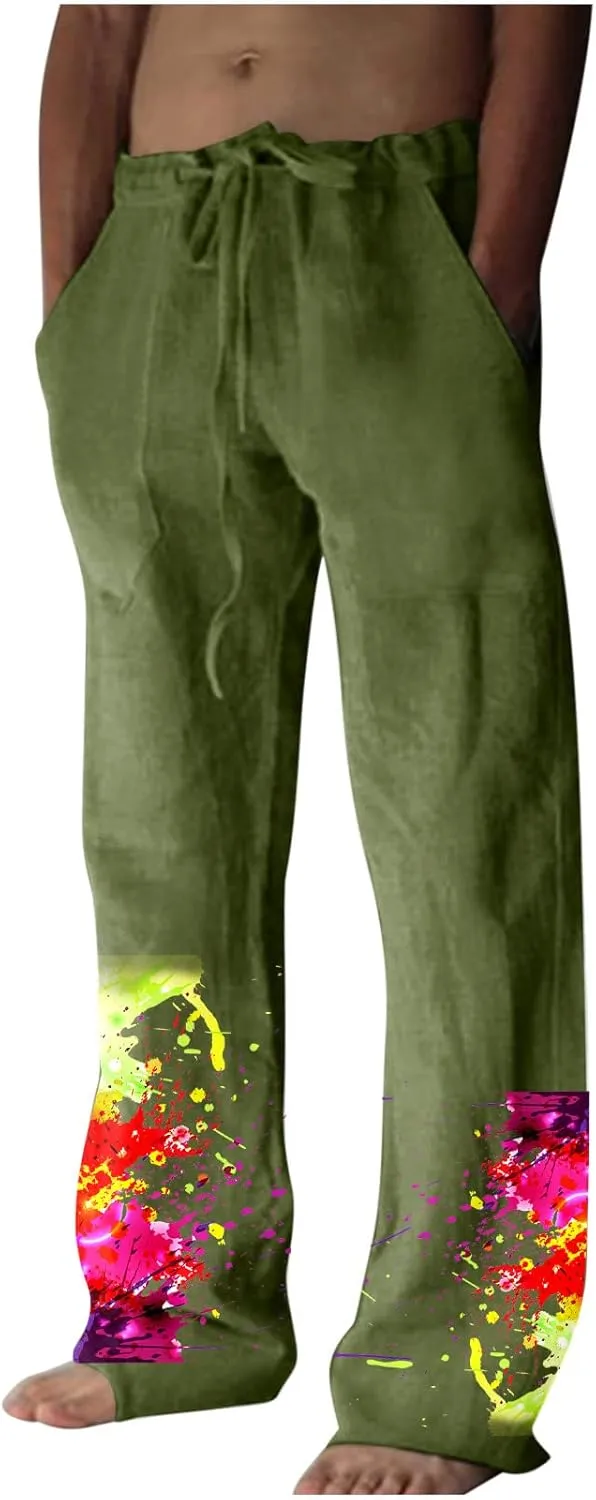 Muscularfit Mens Pants Casual Relaxed Fit Cotton Linen Tie Dye Print Drawstring Trousers Loose Fit Elastic Waist Solid Pant
