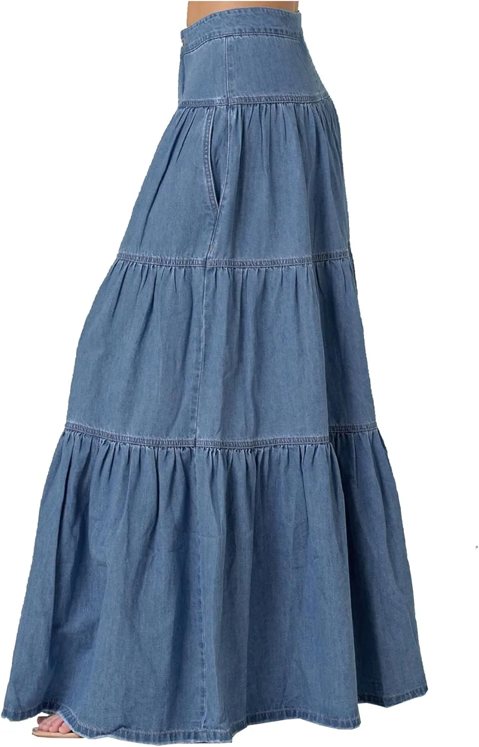 Mxiqqpltky Womens Maxi Denim Tiered Skirt Casual High Waisted Ruffle A Line Swing Jean Skirt Y2K Loose Pleated Flare Skirts