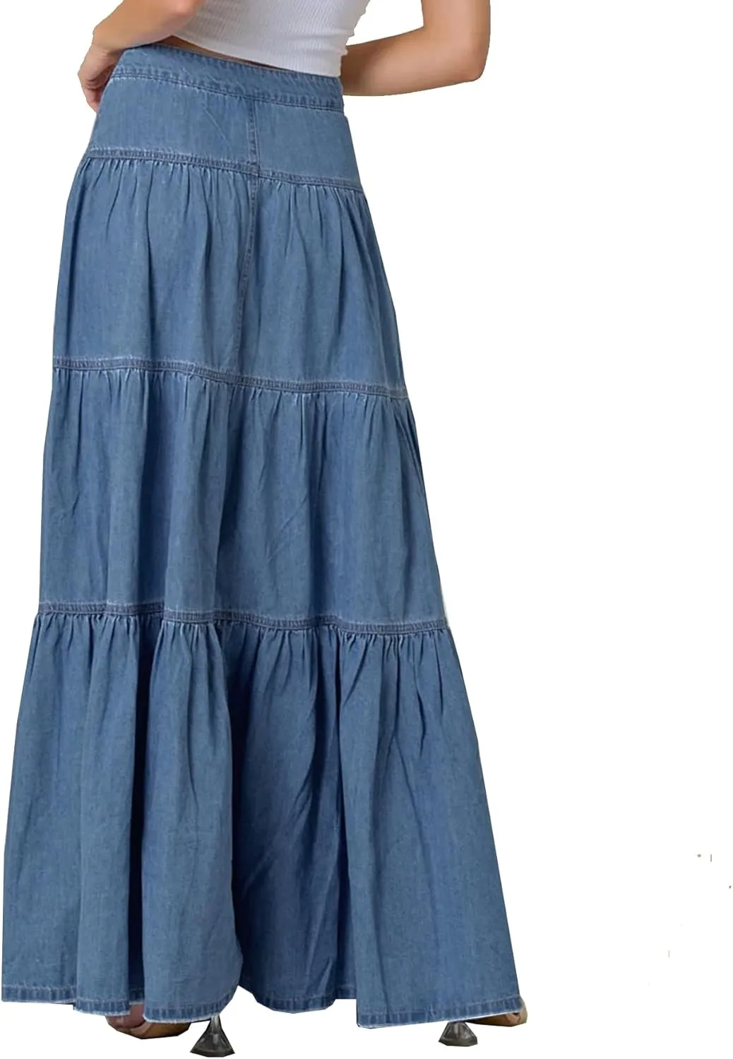 Mxiqqpltky Womens Maxi Denim Tiered Skirt Casual High Waisted Ruffle A Line Swing Jean Skirt Y2K Loose Pleated Flare Skirts