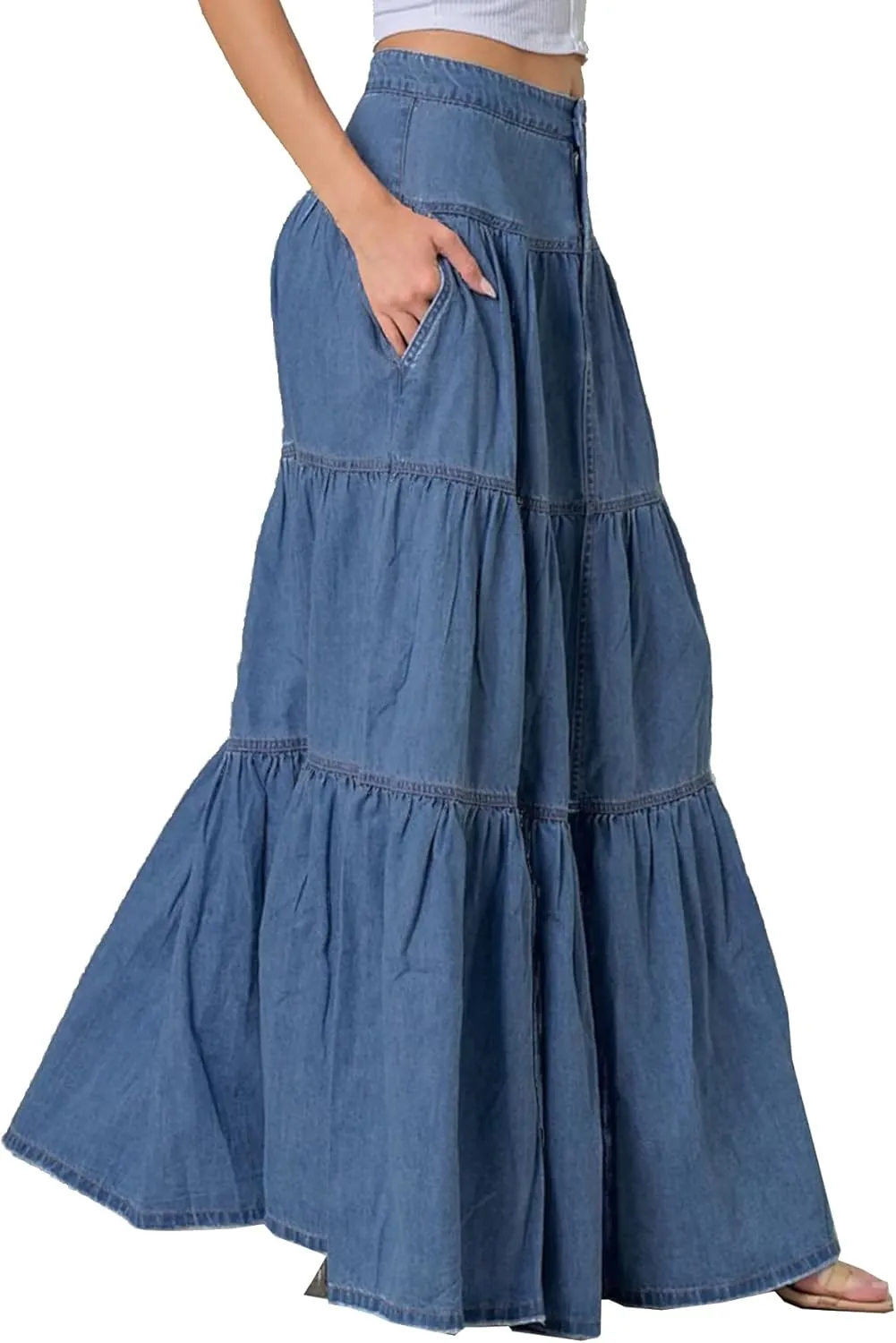 Mxiqqpltky Womens Maxi Denim Tiered Skirt Casual High Waisted Ruffle A Line Swing Jean Skirt Y2K Loose Pleated Flare Skirts