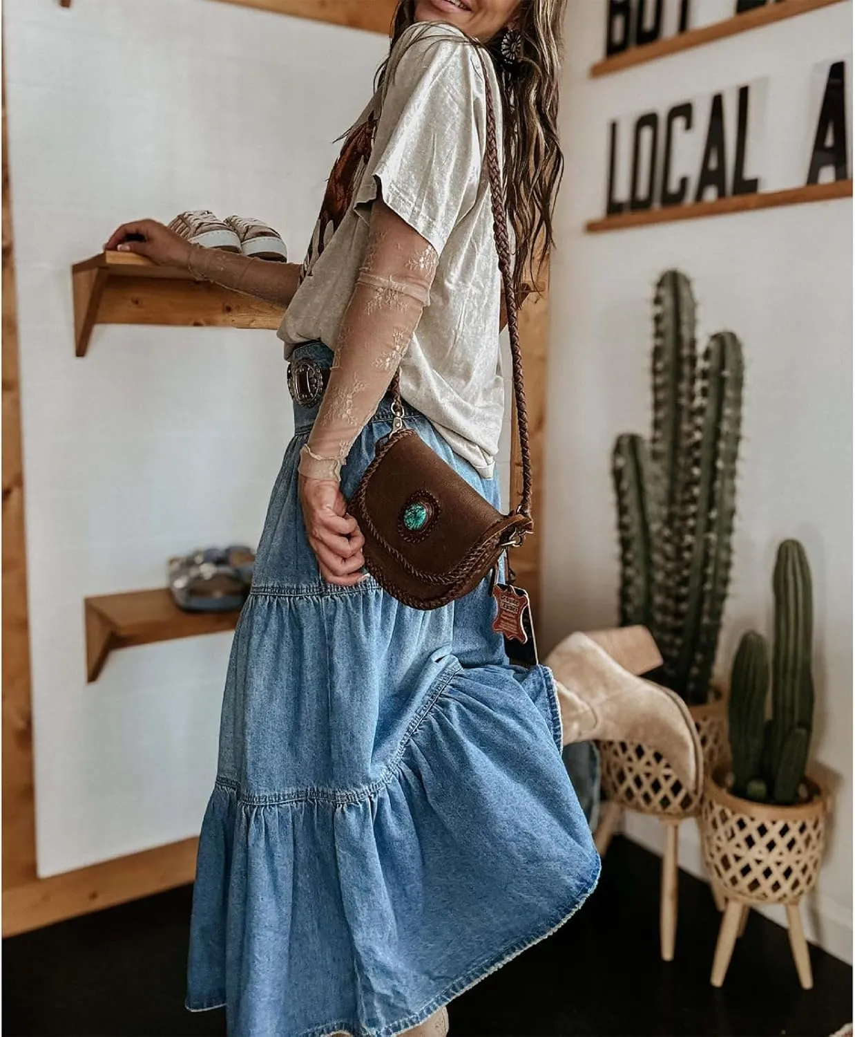 Mxiqqpltky Womens Maxi Denim Tiered Skirt Casual High Waisted Ruffle A Line Swing Jean Skirt Y2K Loose Pleated Flare Skirts