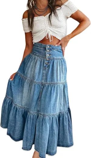 Mxiqqpltky Womens Maxi Denim Tiered Skirt Casual High Waisted Ruffle A Line Swing Jean Skirt Y2K Loose Pleated Flare Skirts