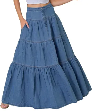 Mxiqqpltky Womens Maxi Denim Tiered Skirt Casual High Waisted Ruffle A Line Swing Jean Skirt Y2K Loose Pleated Flare Skirts