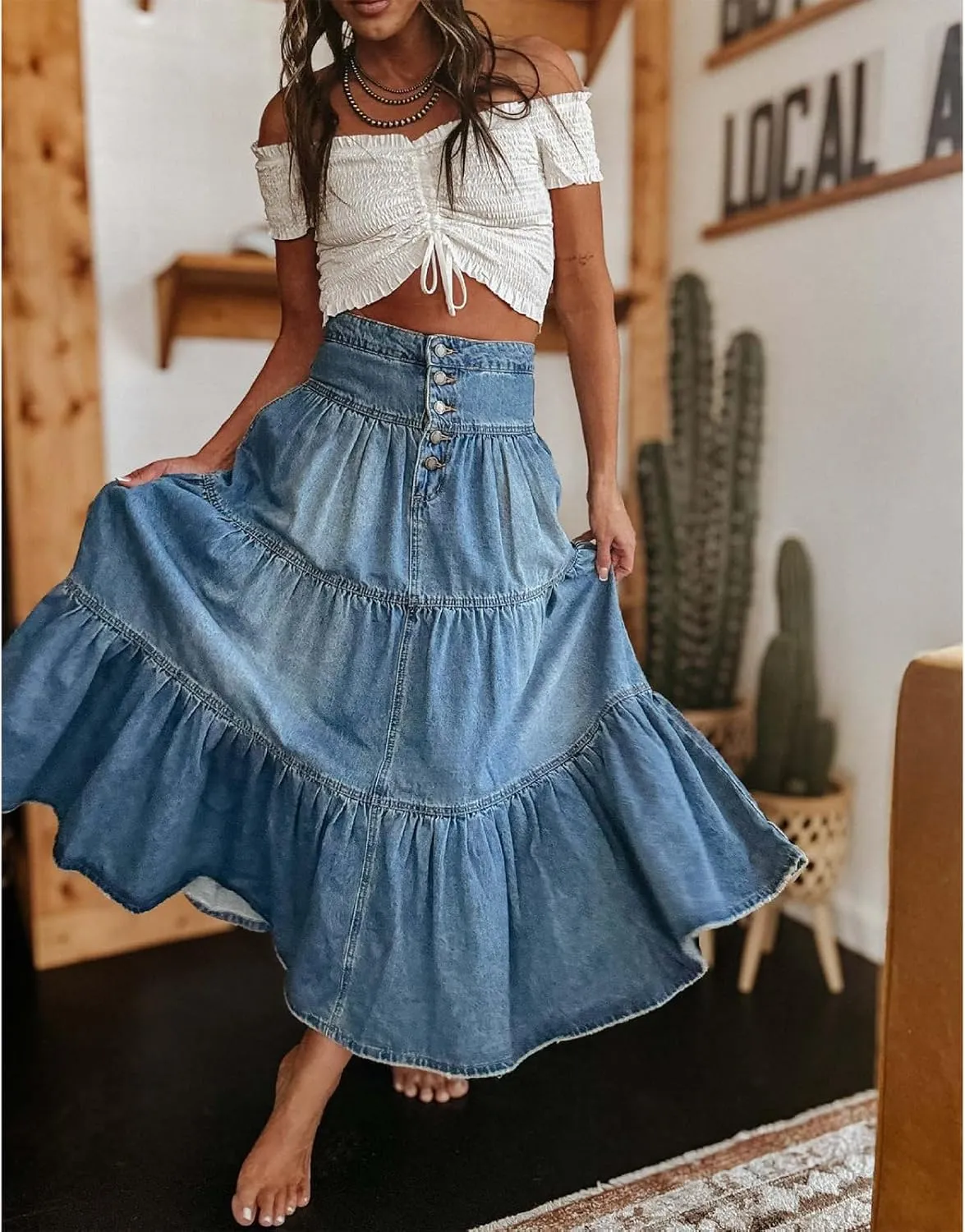 Mxiqqpltky Womens Maxi Denim Tiered Skirt Casual High Waisted Ruffle A Line Swing Jean Skirt Y2K Loose Pleated Flare Skirts