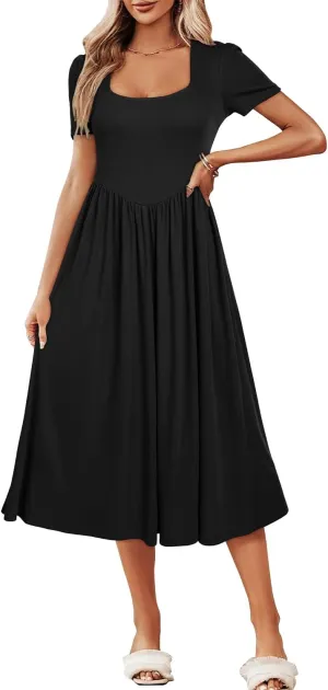 Newshows Women's Summer Square Neck Ribbed Knit Short/Long Sleeve A Line Flowy Midi Dress with Pockets