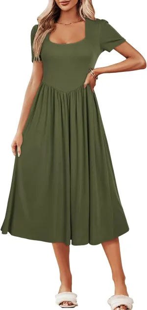 Newshows Women's Summer Square Neck Ribbed Knit Short/Long Sleeve A Line Flowy Midi Dress with Pockets