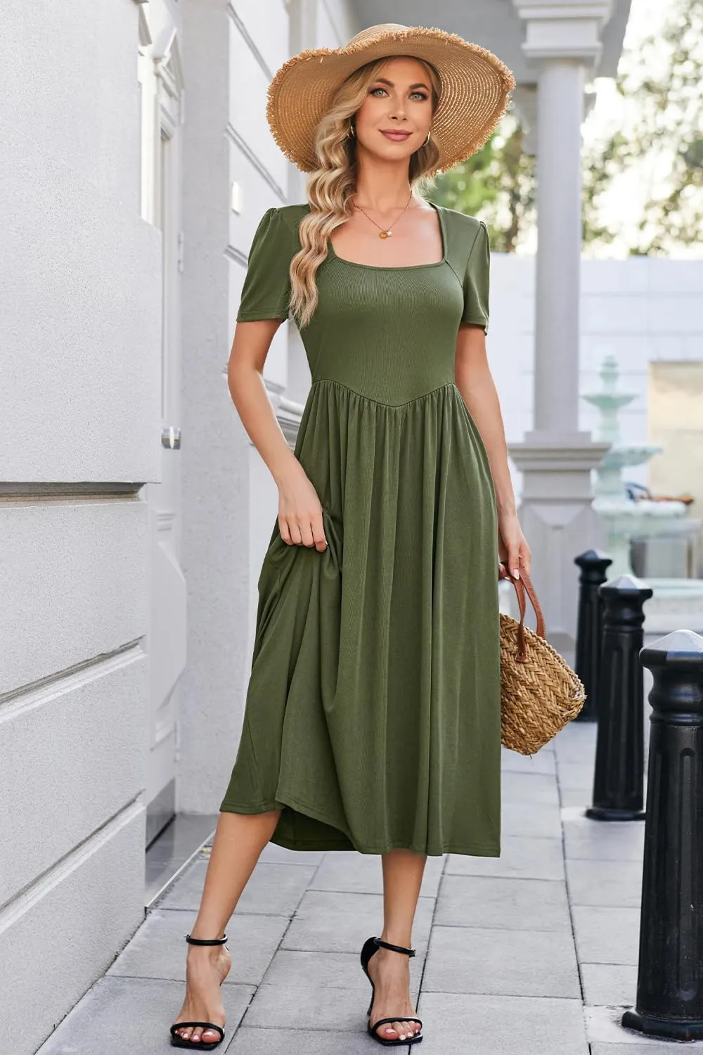 Newshows Women's Summer Square Neck Ribbed Knit Short/Long Sleeve A Line Flowy Midi Dress with Pockets