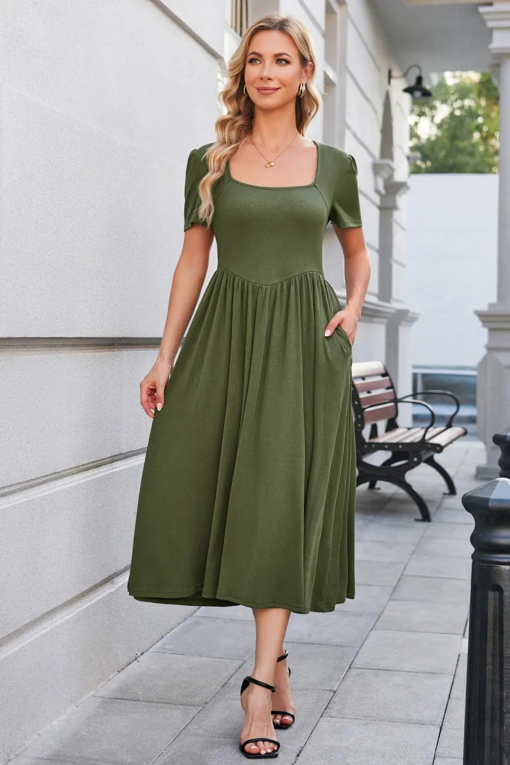 Newshows Women's Summer Square Neck Ribbed Knit Short/Long Sleeve A Line Flowy Midi Dress with Pockets