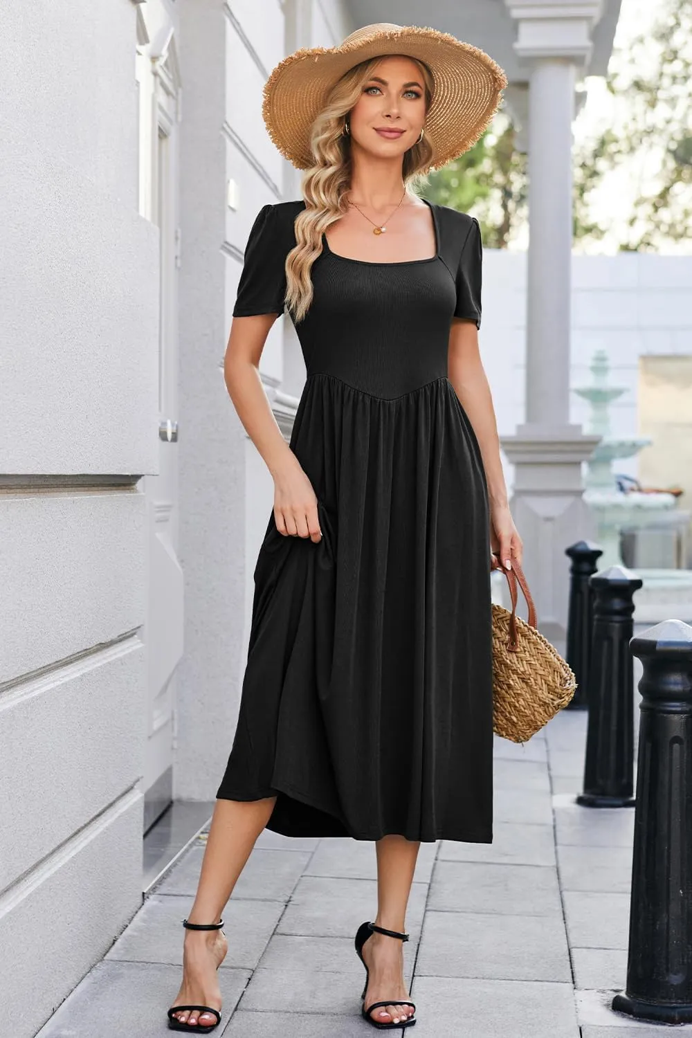 Newshows Women's Summer Square Neck Ribbed Knit Short/Long Sleeve A Line Flowy Midi Dress with Pockets