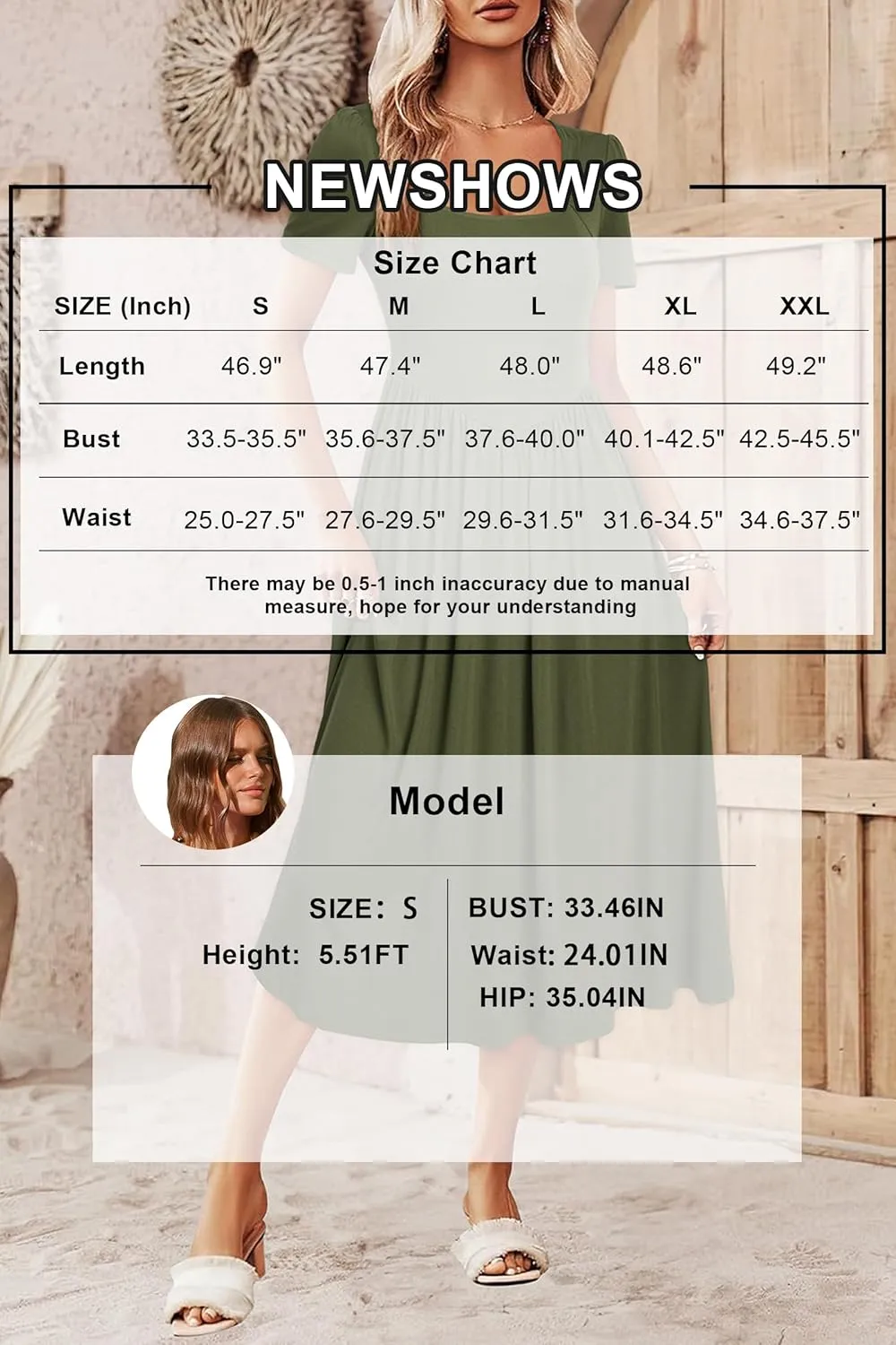 Newshows Women's Summer Square Neck Ribbed Knit Short/Long Sleeve A Line Flowy Midi Dress with Pockets