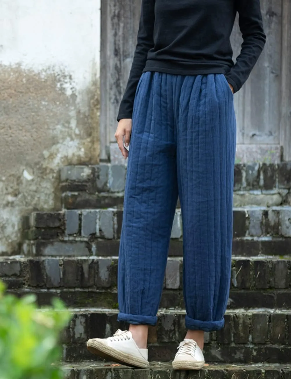 NFYM Women Winter Thick Pants Warm Quilted Cotton Linen Elastic Waist Wide Leg Capris Trousers
