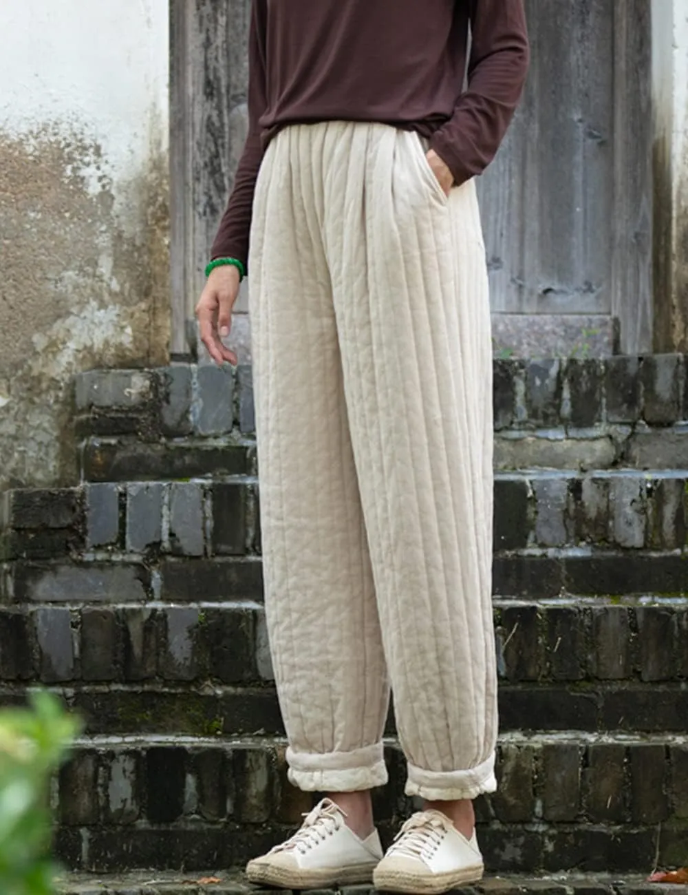 NFYM Women Winter Thick Pants Warm Quilted Cotton Linen Elastic Waist Wide Leg Capris Trousers