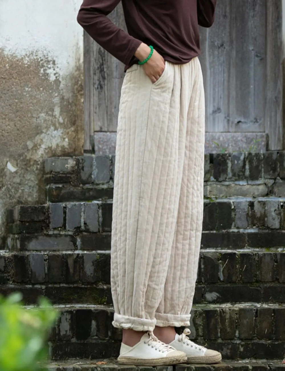 NFYM Women Winter Thick Pants Warm Quilted Cotton Linen Elastic Waist Wide Leg Capris Trousers