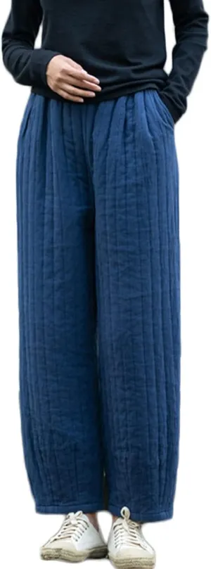 NFYM Women Winter Thick Pants Warm Quilted Cotton Linen Elastic Waist Wide Leg Capris Trousers