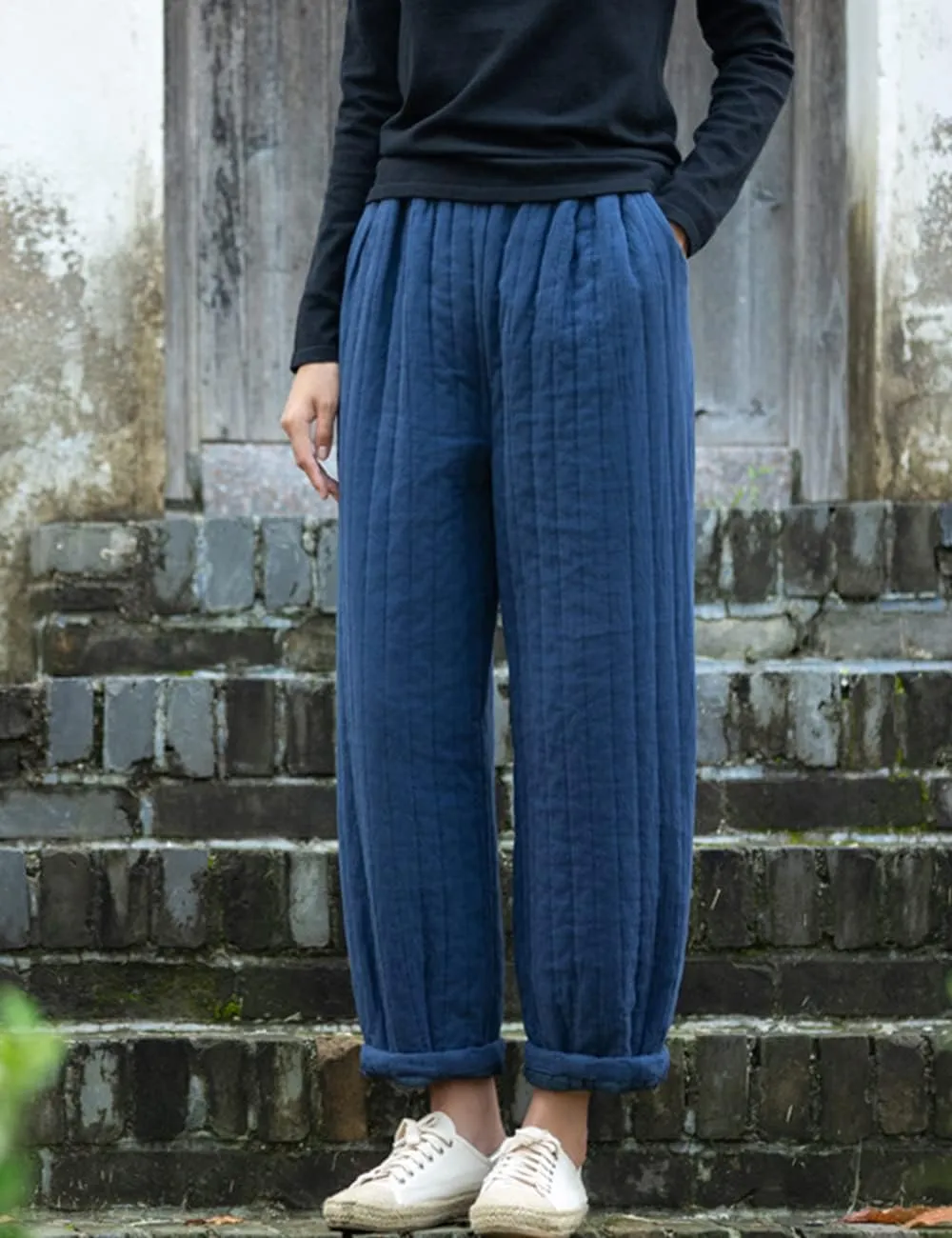 NFYM Women Winter Thick Pants Warm Quilted Cotton Linen Elastic Waist Wide Leg Capris Trousers