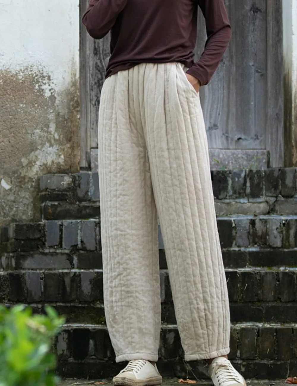 NFYM Women Winter Thick Pants Warm Quilted Cotton Linen Elastic Waist Wide Leg Capris Trousers