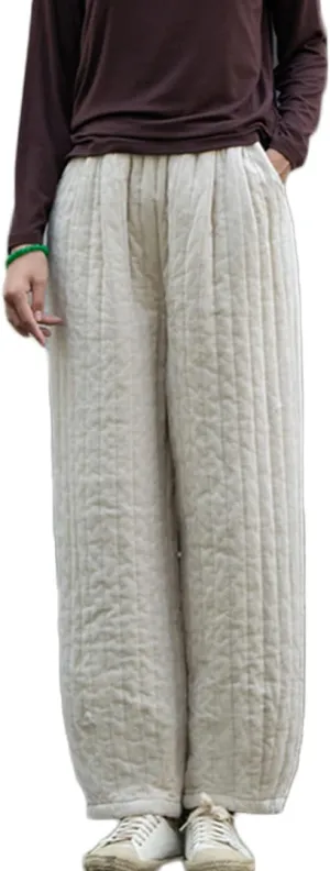 NFYM Women Winter Thick Pants Warm Quilted Cotton Linen Elastic Waist Wide Leg Capris Trousers