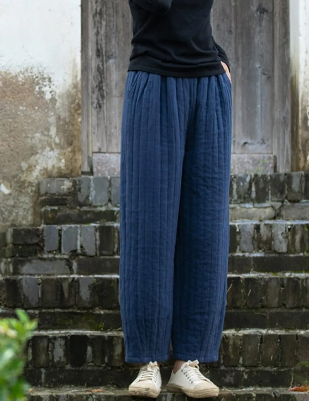NFYM Women Winter Thick Pants Warm Quilted Cotton Linen Elastic Waist Wide Leg Capris Trousers