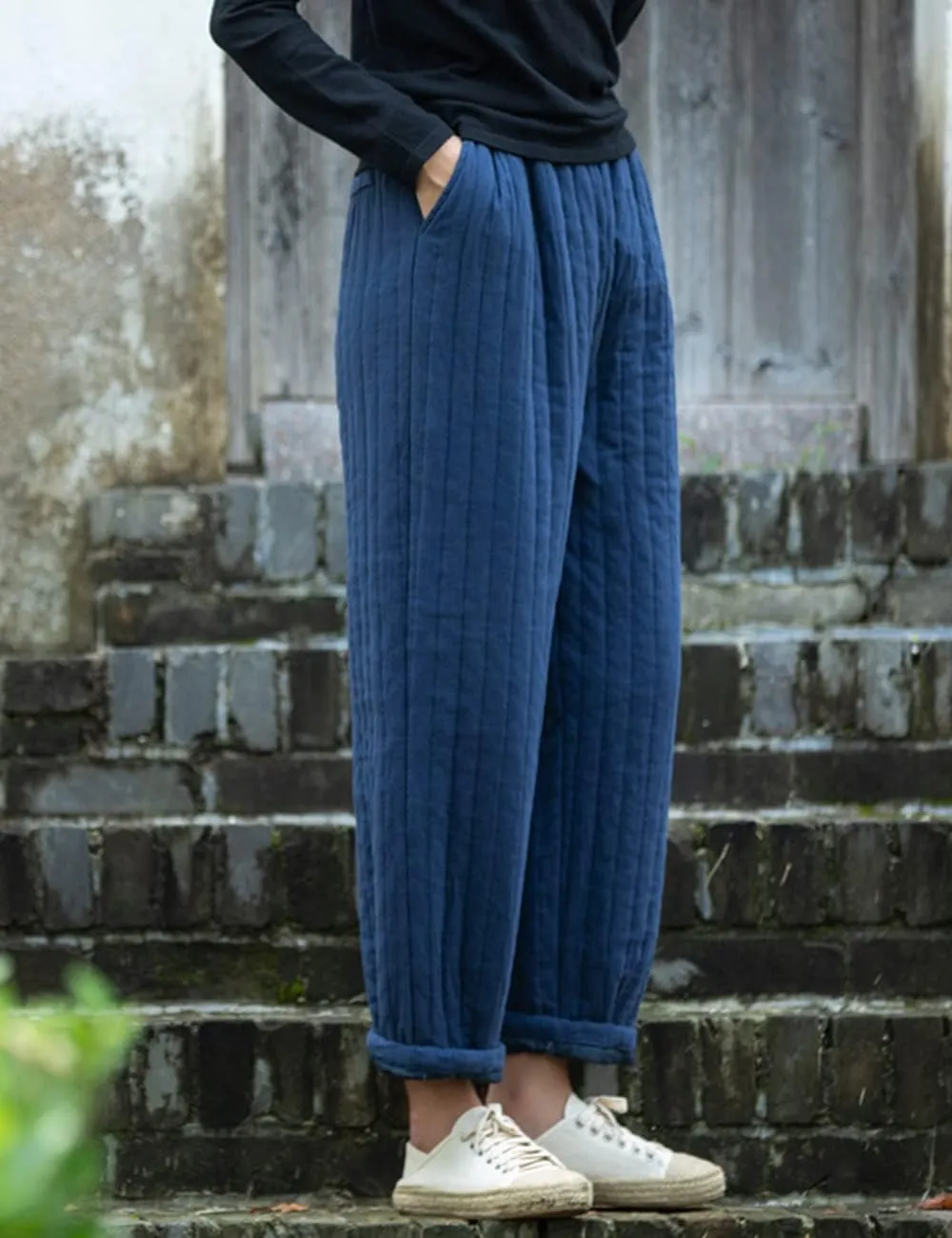 NFYM Women Winter Thick Pants Warm Quilted Cotton Linen Elastic Waist Wide Leg Capris Trousers