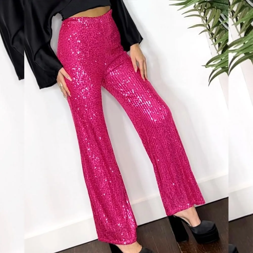 ODIZLI Womens Wide Leg Sparkle Sequin Pants Elastic High Waisted Bling Glitter Dance Pants