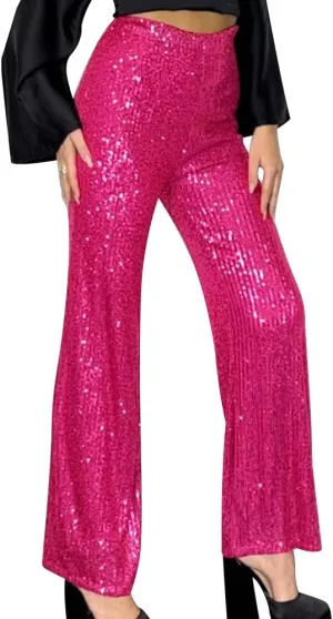ODIZLI Womens Wide Leg Sparkle Sequin Pants Elastic High Waisted Bling Glitter Dance Pants