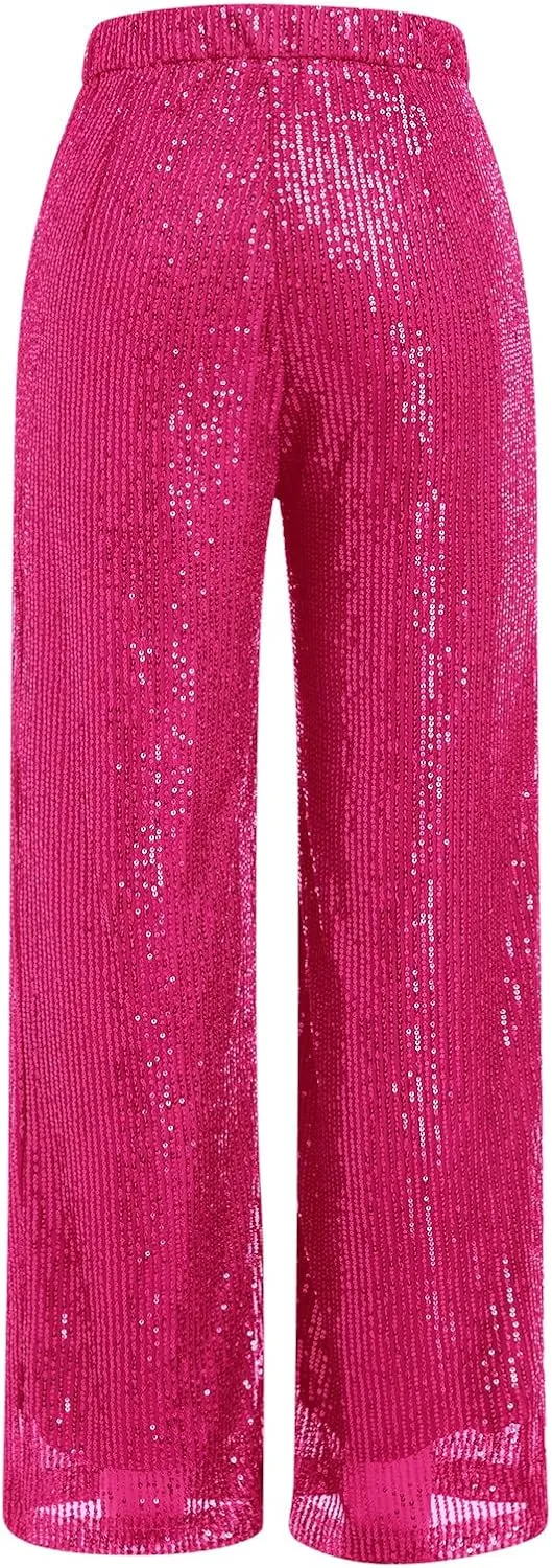 ODIZLI Womens Wide Leg Sparkle Sequin Pants Elastic High Waisted Bling Glitter Dance Pants