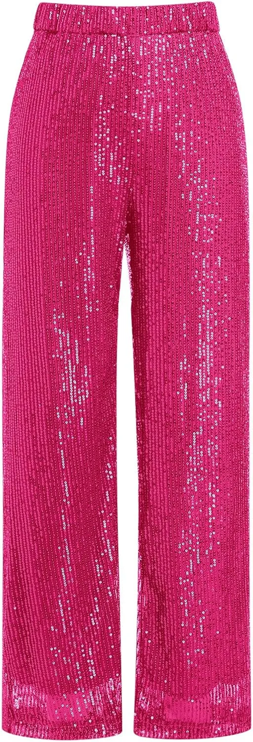 ODIZLI Womens Wide Leg Sparkle Sequin Pants Elastic High Waisted Bling Glitter Dance Pants