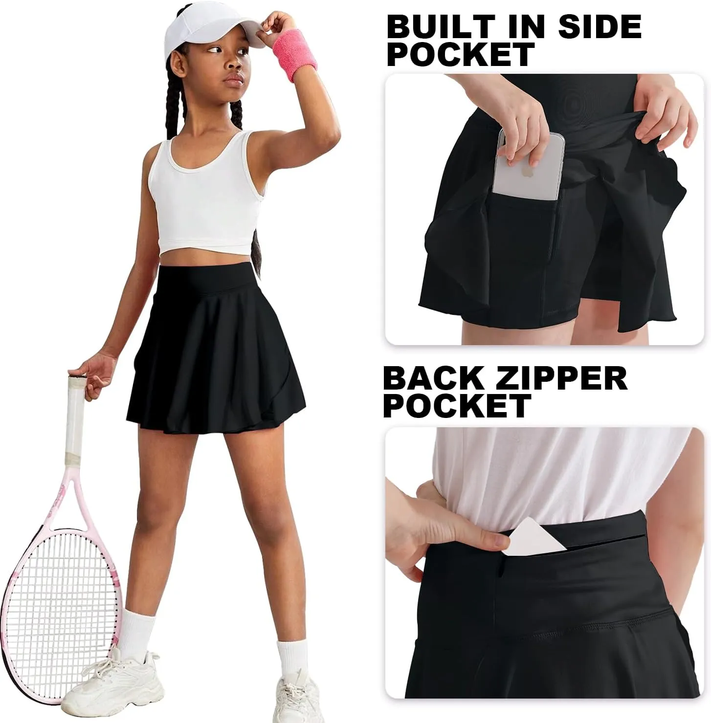 OEBLD Girls Athletic Skort High Waist Tennis Skirts with Shorts Butterfly Ruffle School Skirts with Pockets