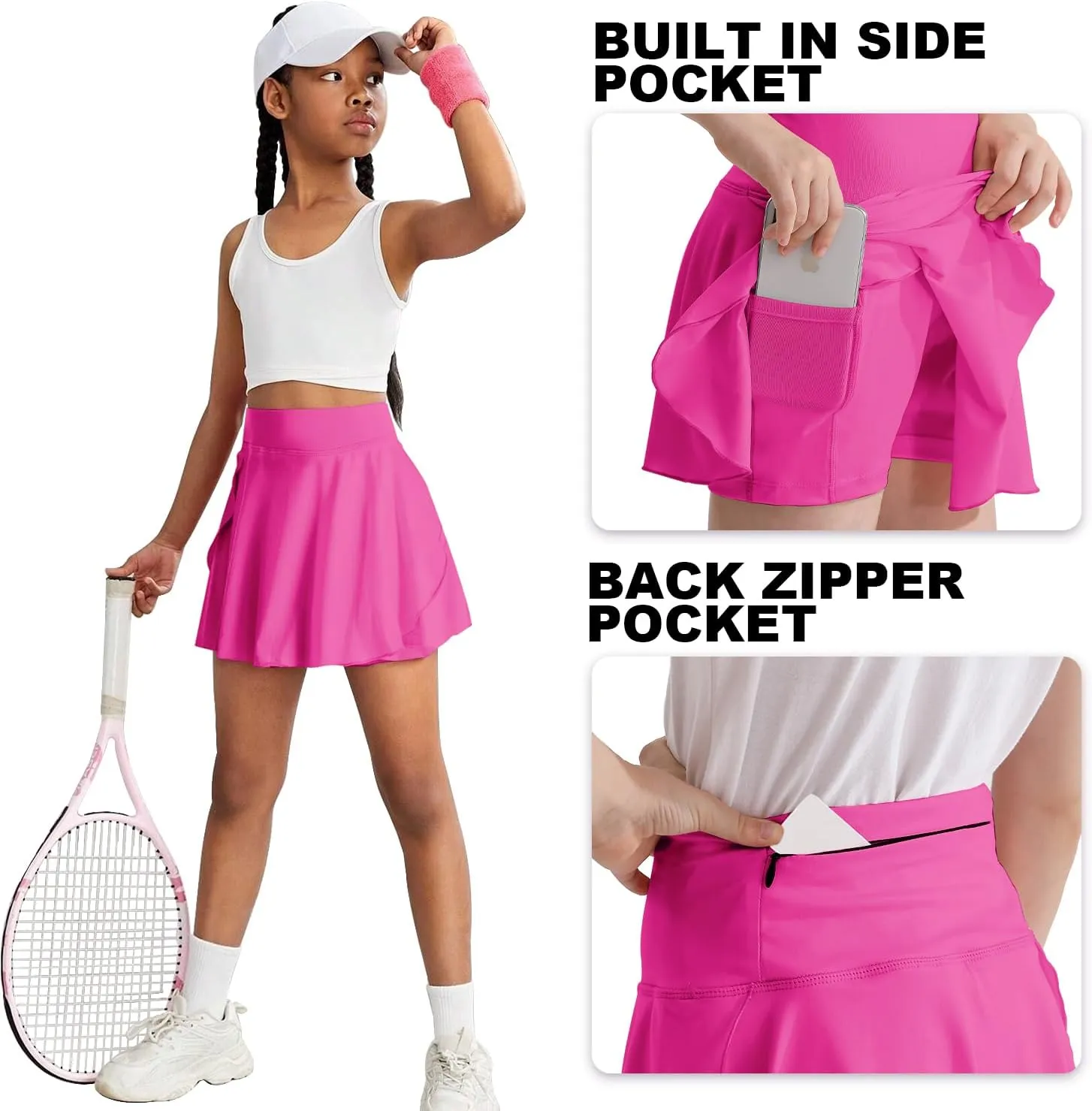 OEBLD Girls Athletic Skort High Waist Tennis Skirts with Shorts Butterfly Ruffle School Skirts with Pockets