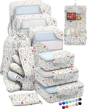 OlarHike Travel Accessories ALL INCLUDED 10 Set Sturdy Packing Cubes for Suitcases, UPGRADED Anti-Tear Stitching, NEW Improved Luggage Packing Organizers, Essentials for Travel (Flower)