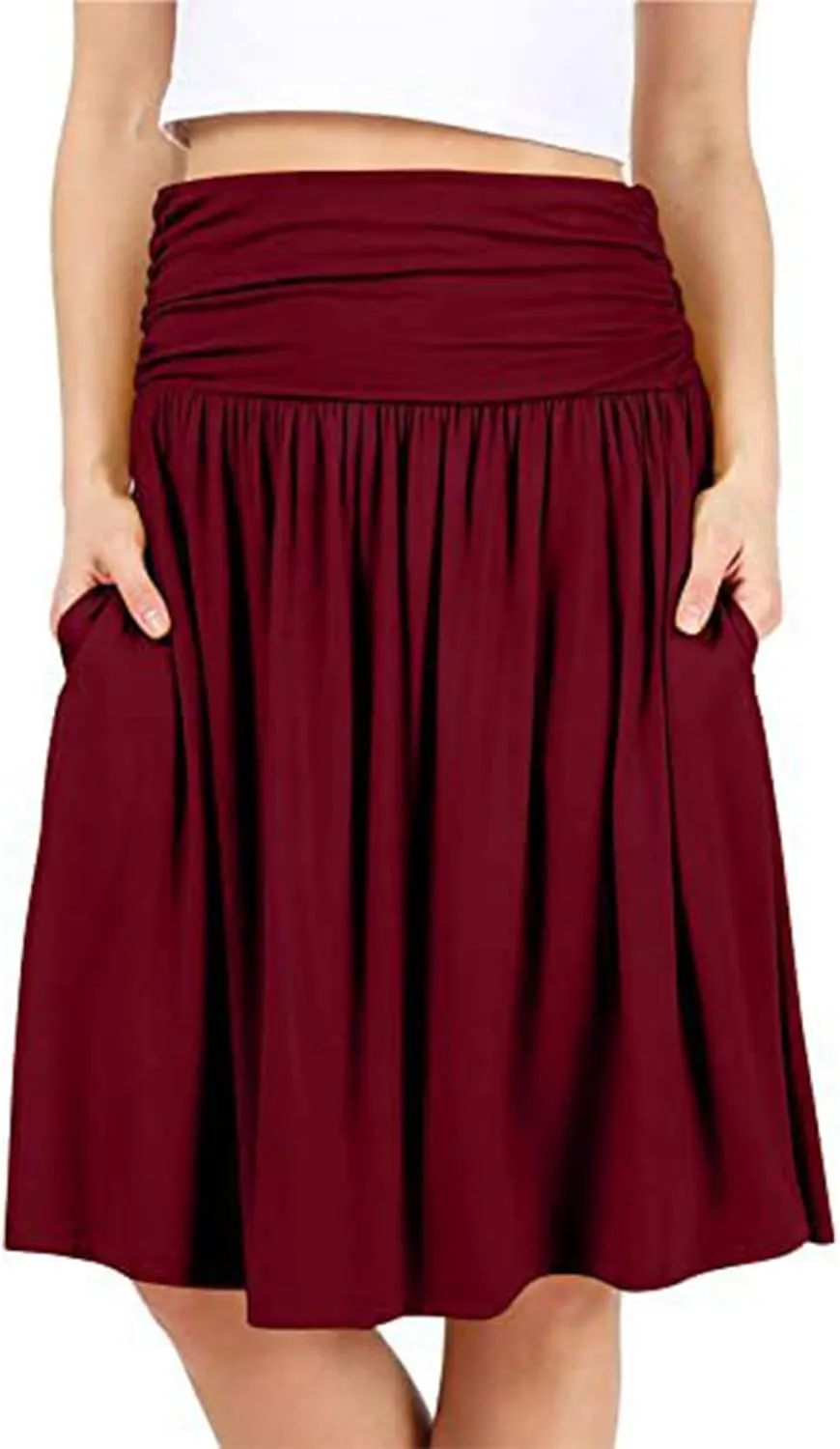 Oplxuo Plus Size Skirts for Women Knee Length Flowy Ruched High Waisted Flowy Midi Skirt