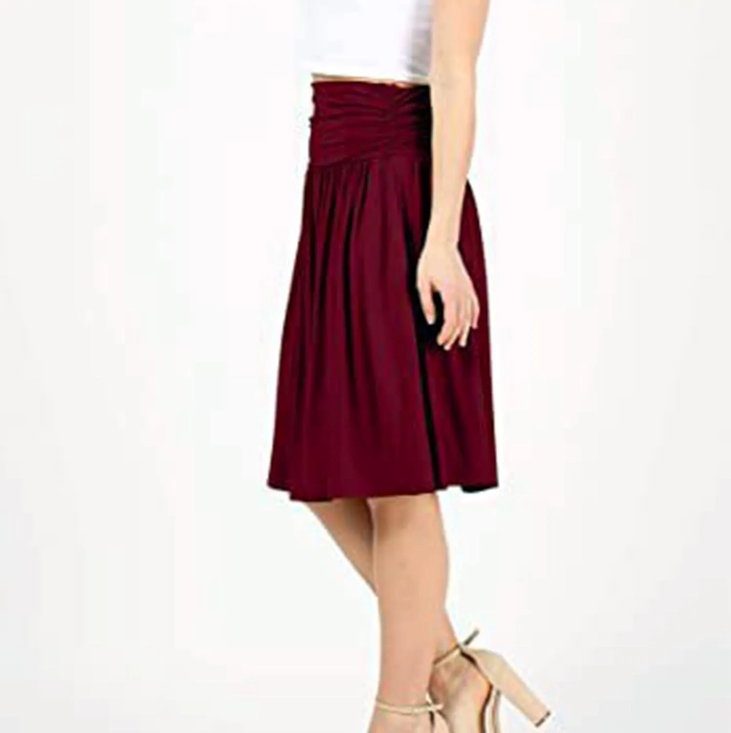 Oplxuo Plus Size Skirts for Women Knee Length Flowy Ruched High Waisted Flowy Midi Skirt