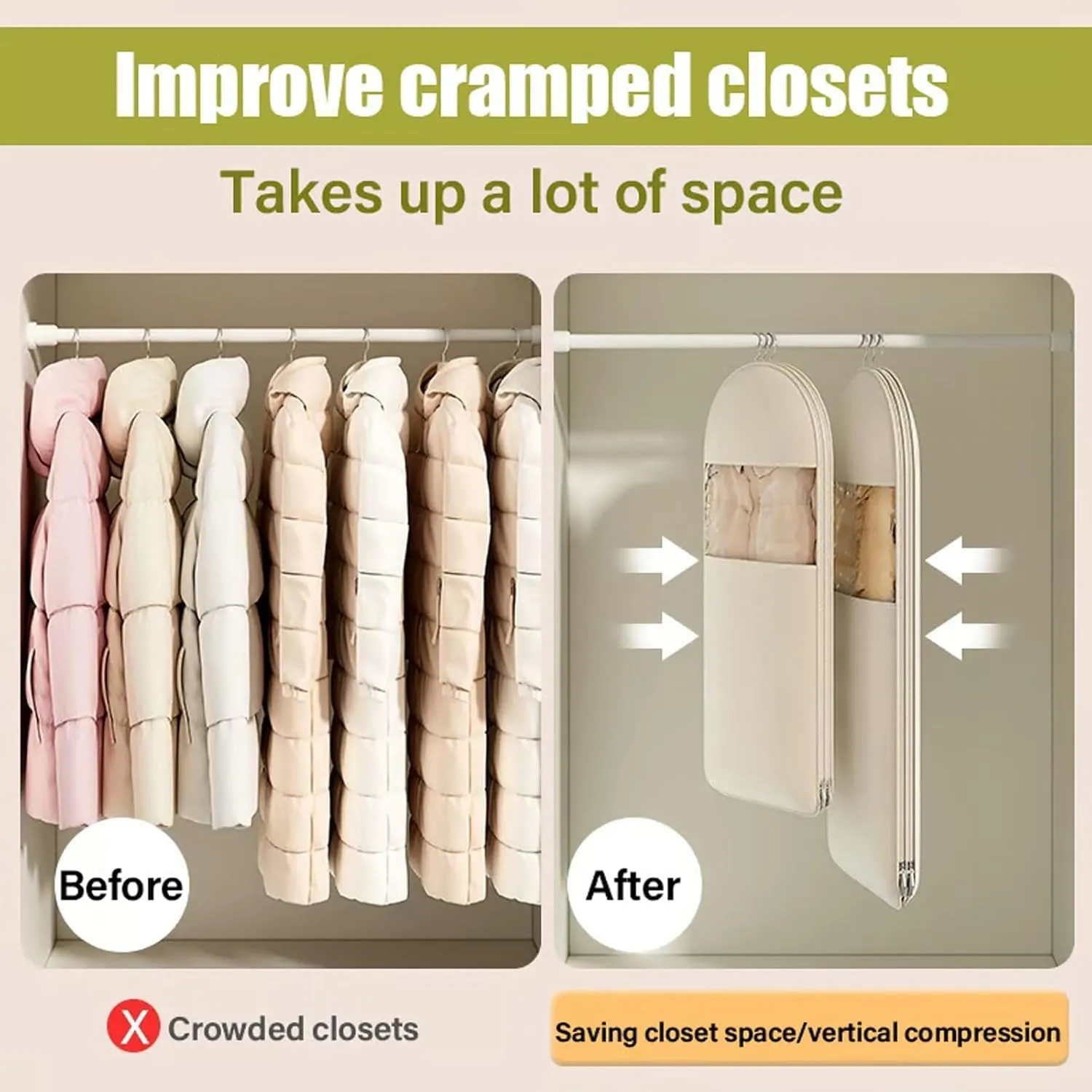 Otherwise Garment Bags, Otherwise Space Saving Hanging Garment Bag with Self Compression Zipper, 35/43/51 In Dust Cover Clothes Bags for Down Coat (Beige,All Size-3pcs)