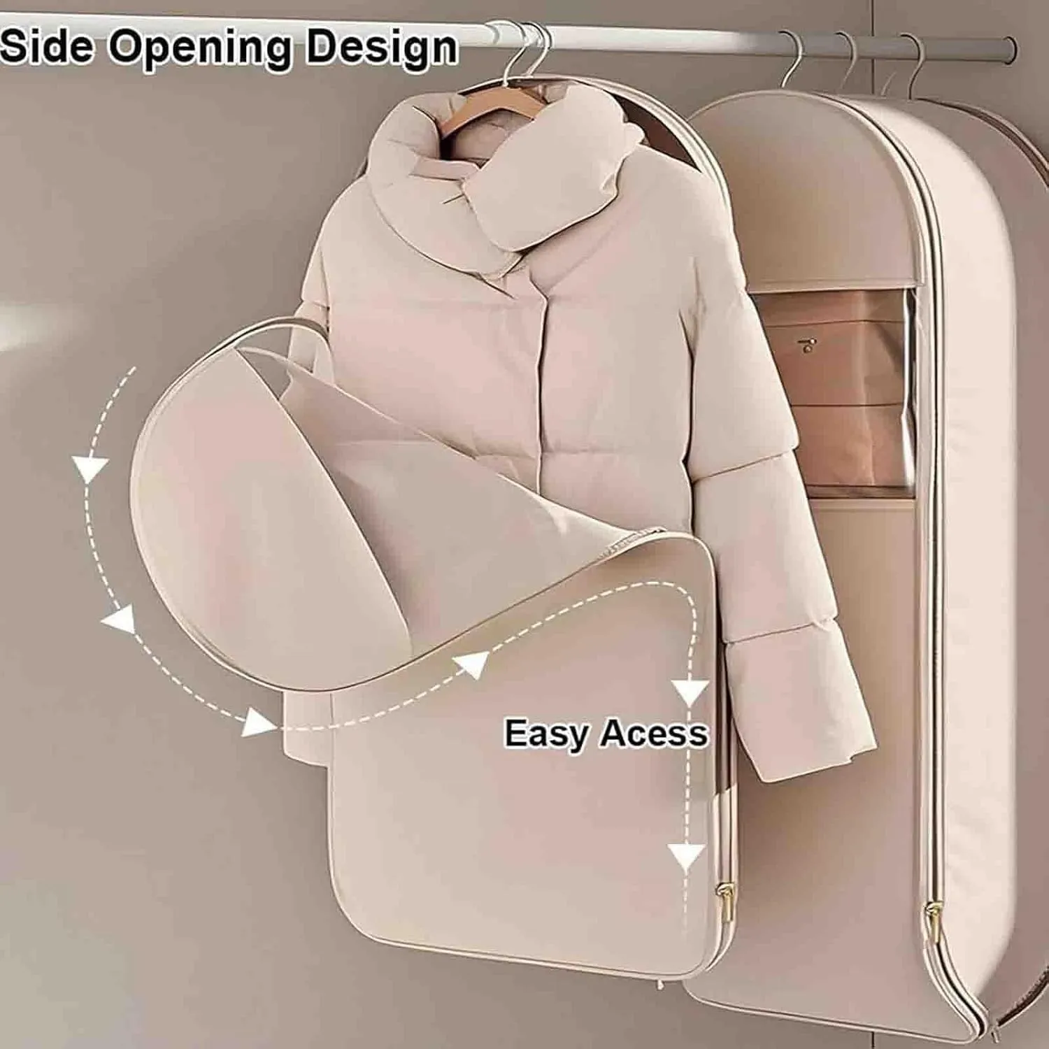 Otherwise Garment Bags, Otherwise Space Saving Hanging Garment Bag with Self Compression Zipper, 35/43/51 In Dust Cover Clothes Bags for Down Coat (Beige,All Size-3pcs)