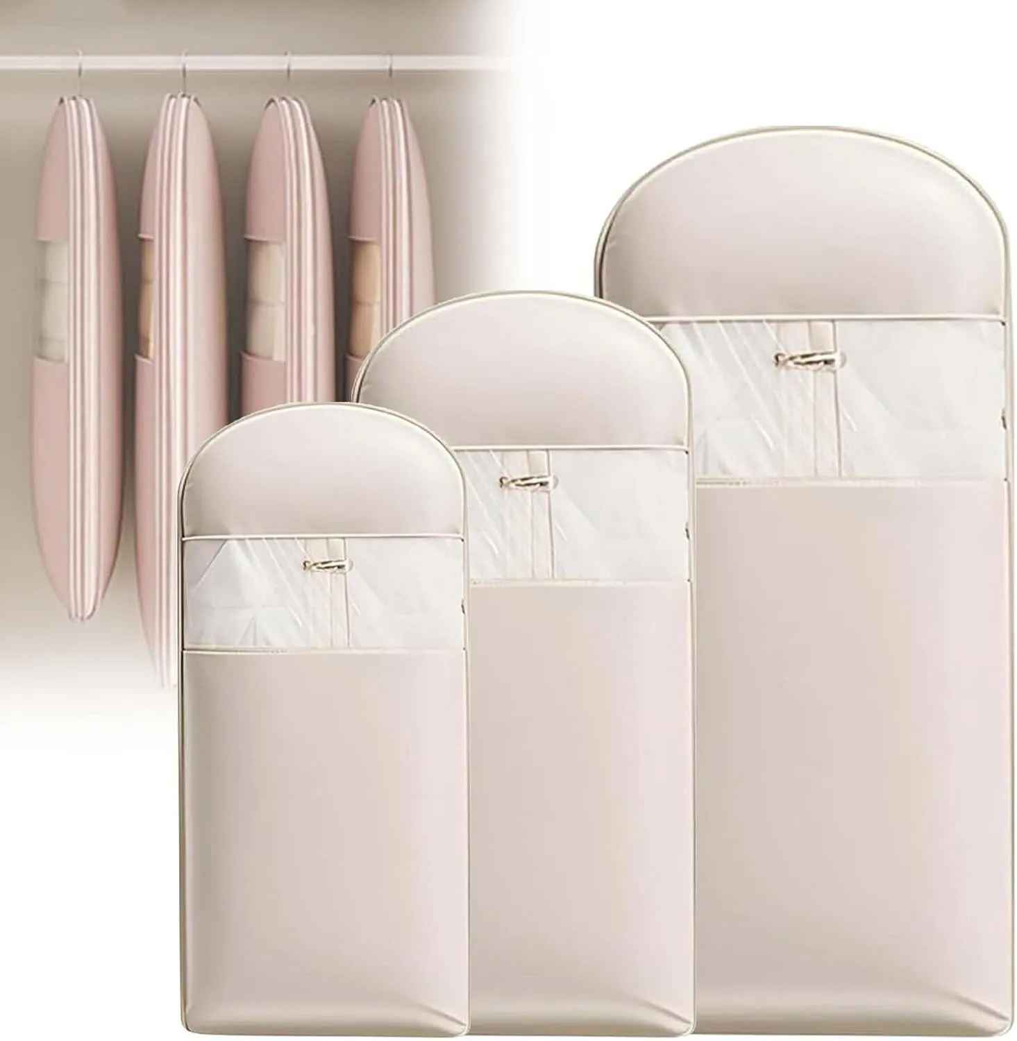 Otherwise Garment Bags, Otherwise Space Saving Hanging Garment Bag with Self Compression Zipper, 35/43/51 In Dust Cover Clothes Bags for Down Coat (Beige,All Size-3pcs)