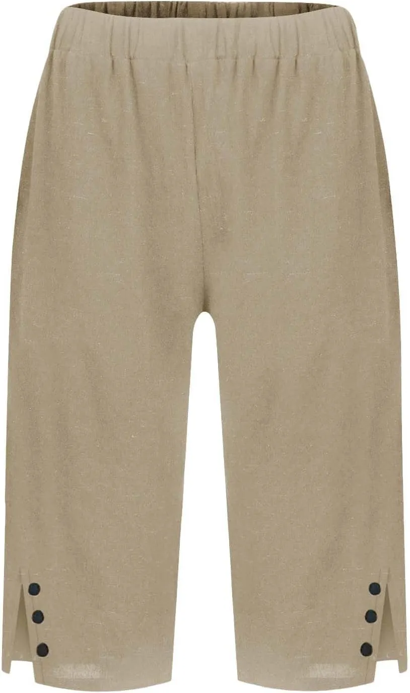 Pedal Pushers for Women Straight Leg Linen Capri Pants Relaxed Fit Cover Up Elastic Waist Bermuda Shorts with Pockets