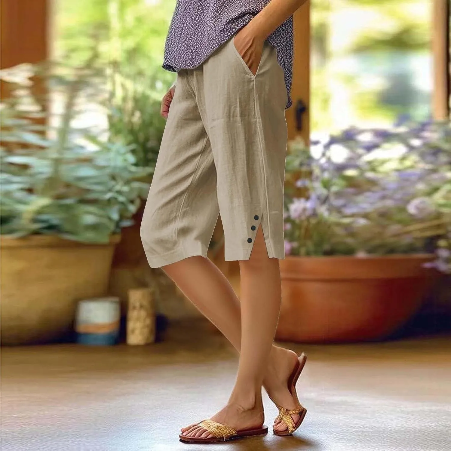 Pedal Pushers for Women Straight Leg Linen Capri Pants Relaxed Fit Cover Up Elastic Waist Bermuda Shorts with Pockets