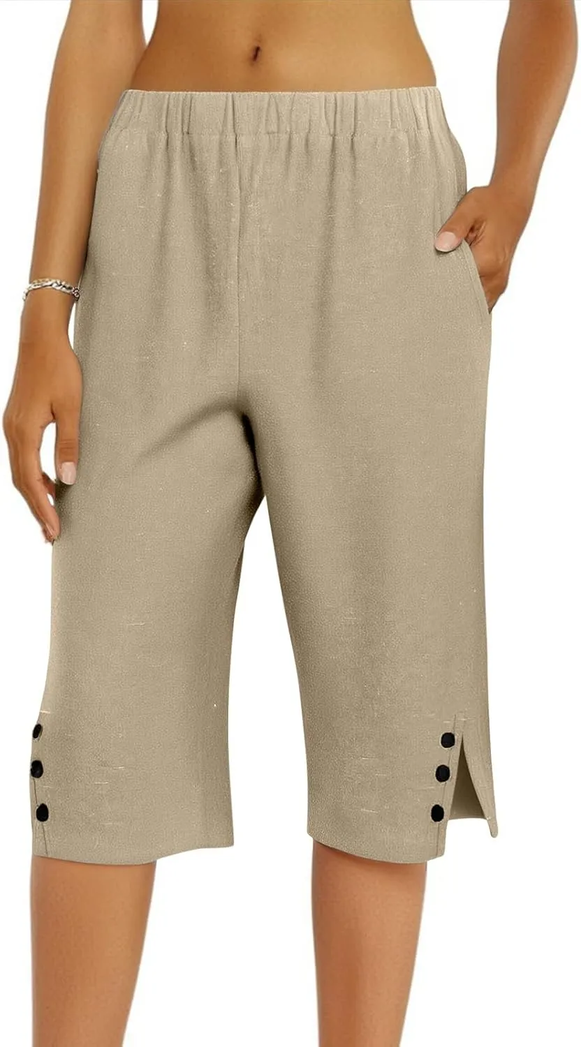 Pedal Pushers for Women Straight Leg Linen Capri Pants Relaxed Fit Cover Up Elastic Waist Bermuda Shorts with Pockets