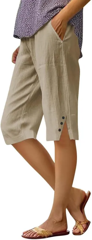 Pedal Pushers for Women Straight Leg Linen Capri Pants Relaxed Fit Cover Up Elastic Waist Bermuda Shorts with Pockets
