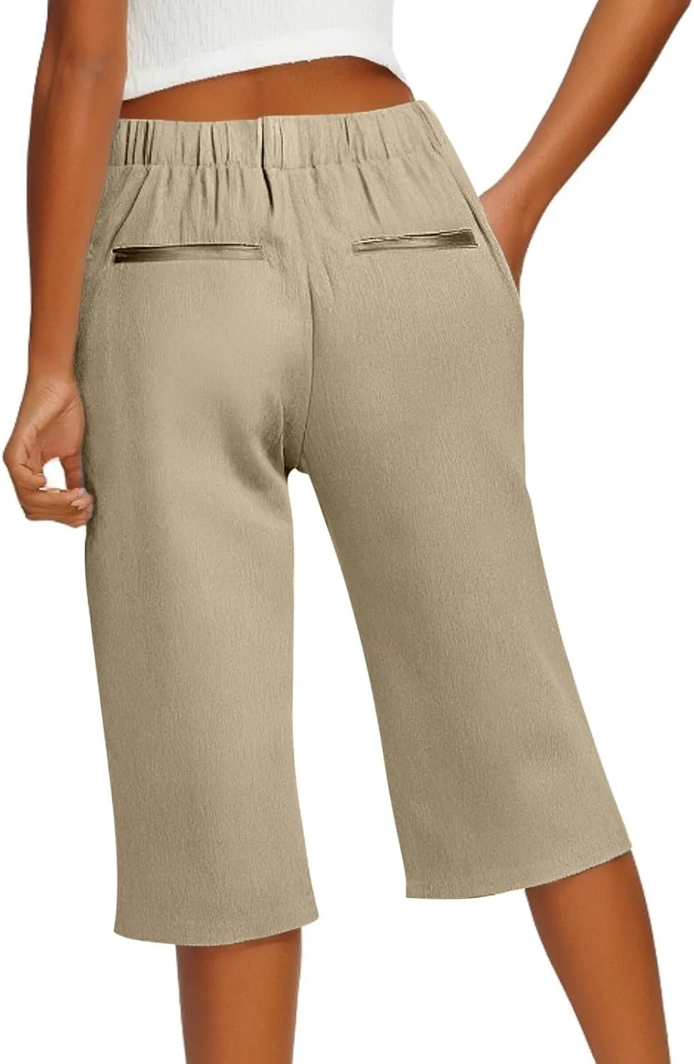 Pedal Pushers for Women Straight Leg Linen Capri Pants Relaxed Fit Cover Up Elastic Waist Bermuda Shorts with Pockets