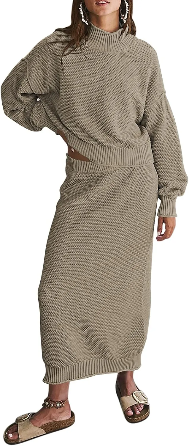 Pink Queen Women's 2 Piece Sweater Set Outfits Long Sleeve Oversized Top Bodycon Maxi Long Skirt Knit Dresses