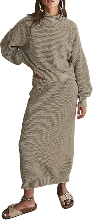 Pink Queen Women's 2 Piece Sweater Set Outfits Long Sleeve Oversized Top Bodycon Maxi Long Skirt Knit Dresses