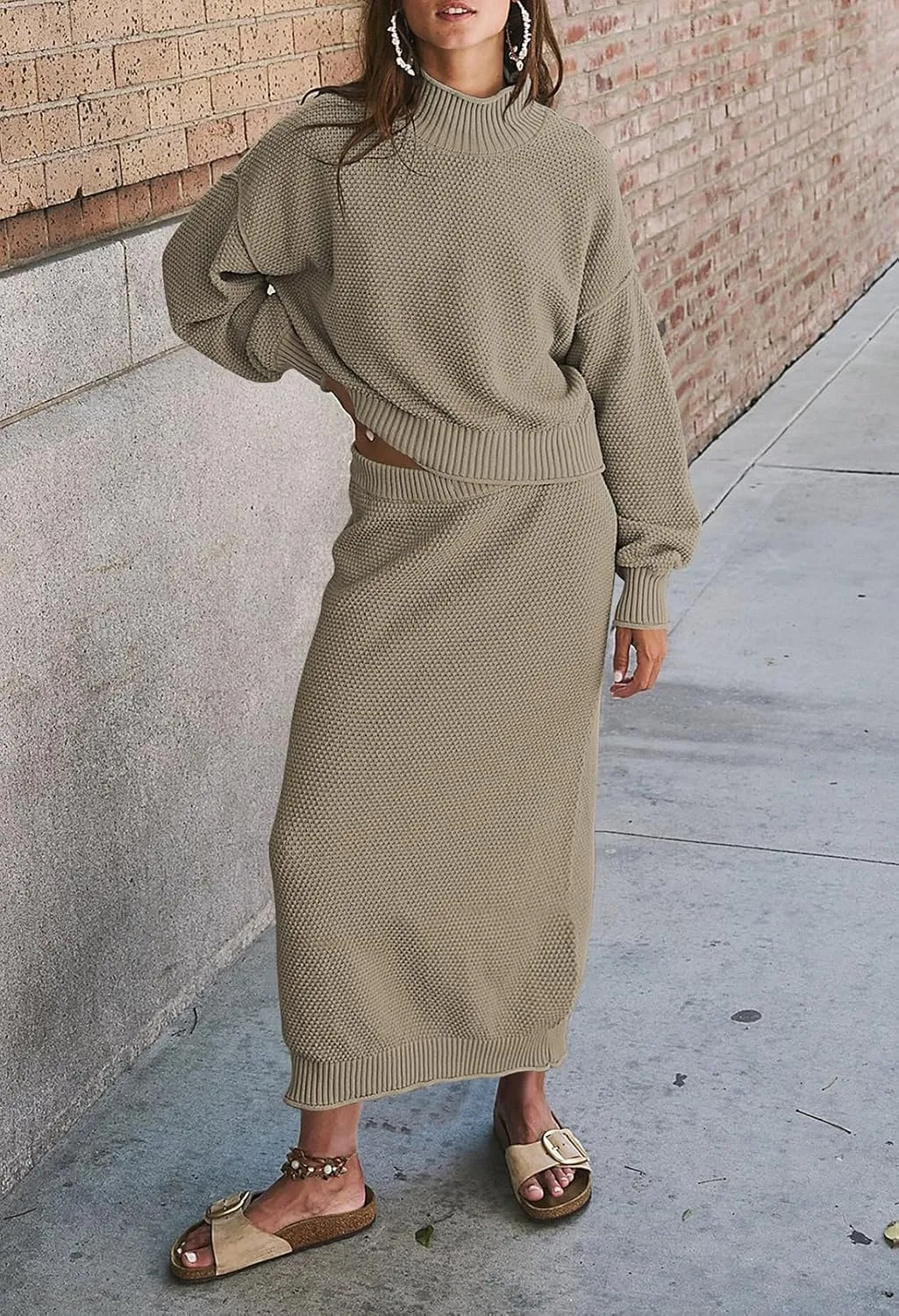 Pink Queen Women's 2 Piece Sweater Set Outfits Long Sleeve Oversized Top Bodycon Maxi Long Skirt Knit Dresses