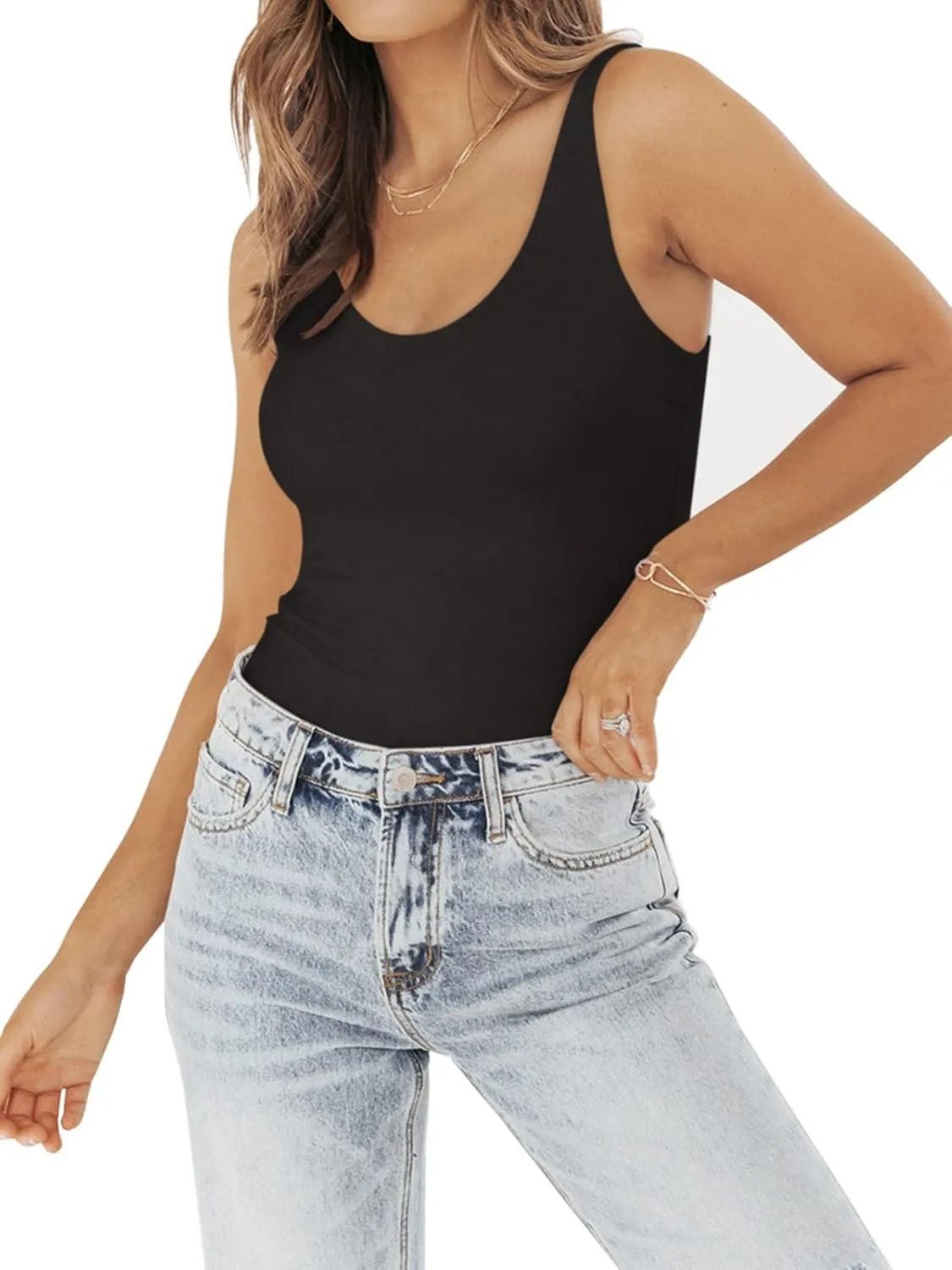 PINKMSTYLE Womens Basic Double Lined V Neck Tank Tops Slimming Workout Summer Tops Sleeveless Shirts